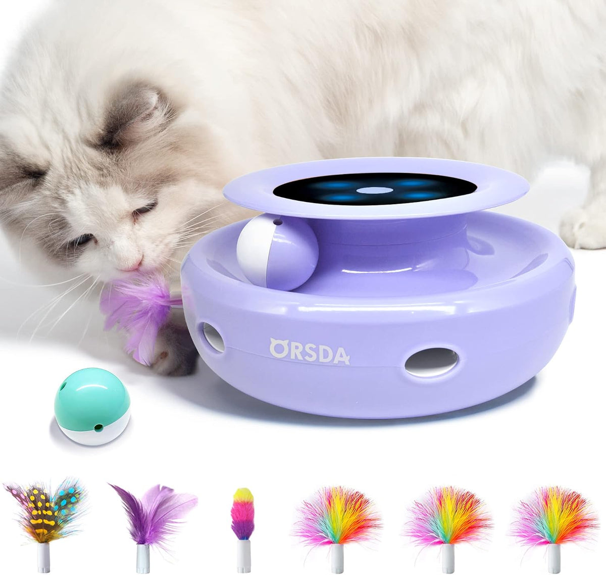 ORSDA 2in1 Interactive Toys for Indoor Cats, Timer Auto On/Off, Cat Toy Balls & Ambush Electronic Cat Mice Toy for Entertainment with 6pcs Feathers, Dual Power Supplies - Image 9