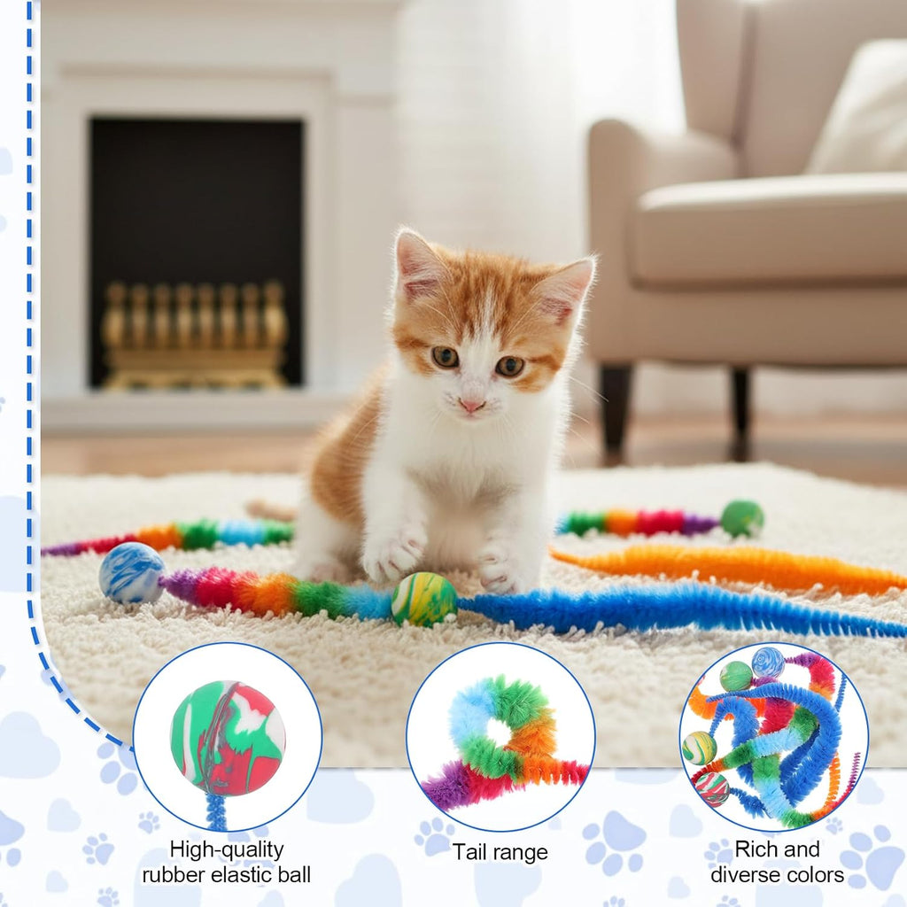Durable rubber bouncy ball cat toy with long colorful polyester tail