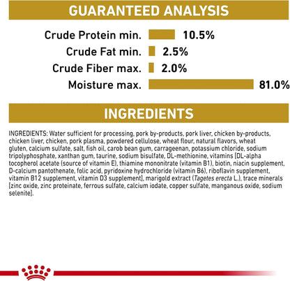 Nutritional profile layout of Royal Canin USA imported wet cat food pack.
