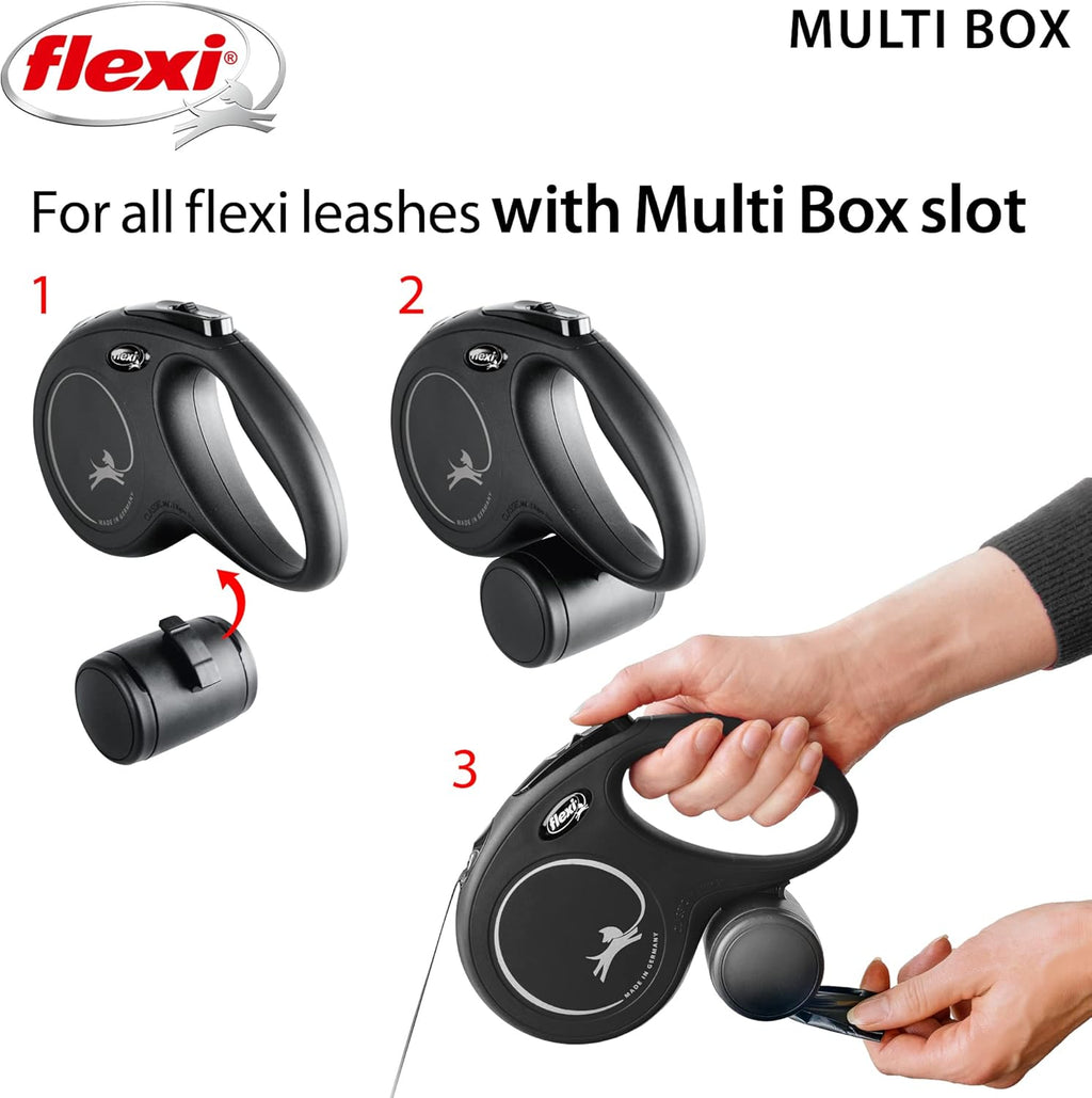 Black FLEXI poop bag dispenser showing dual side opening lids for pet walks