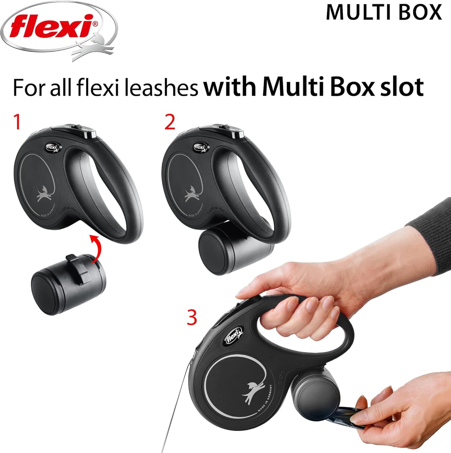 Black FLEXI poop bag dispenser showing dual side opening lids for pet walks