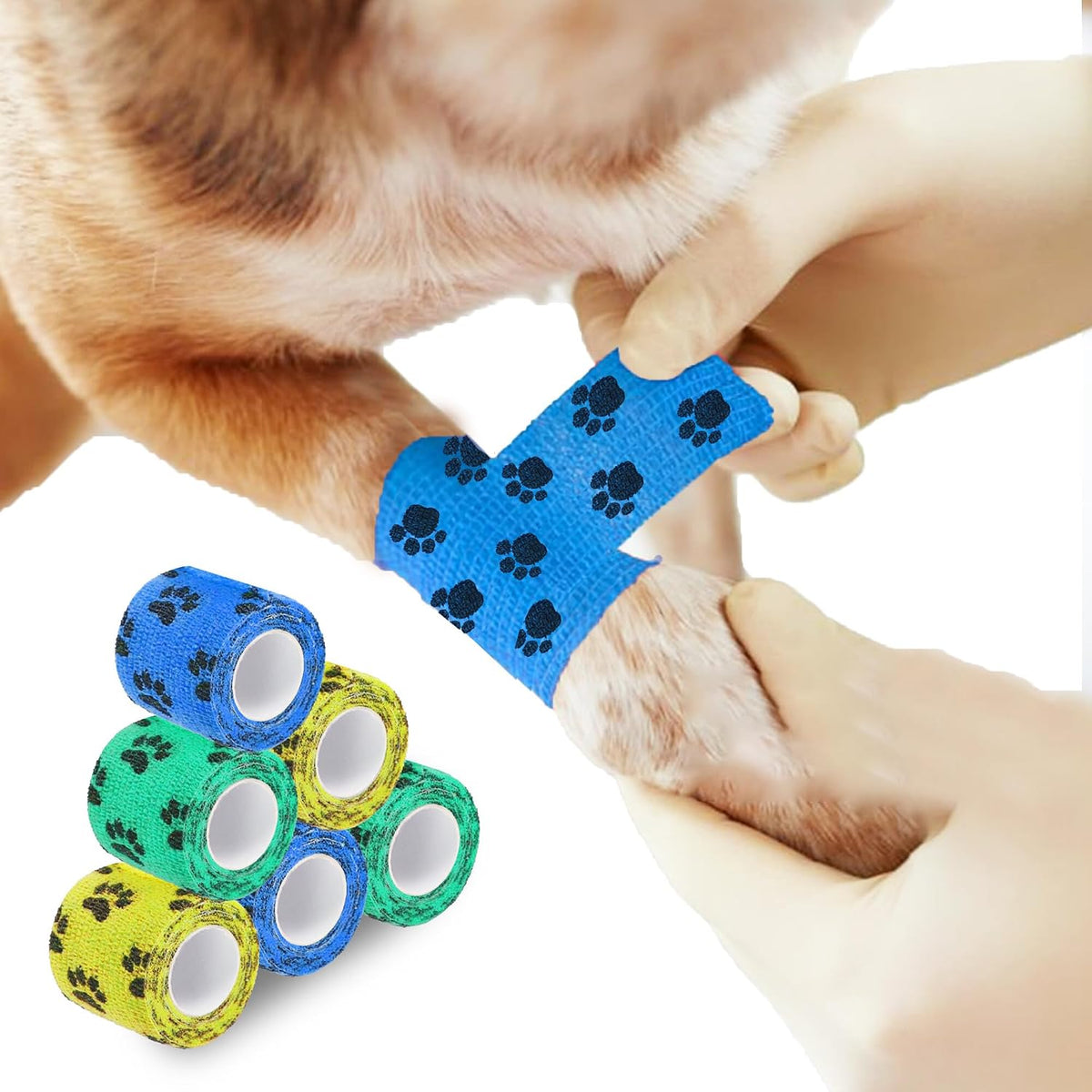 SunGrow cat vet wrap showing colorful blue yellow and green rolls