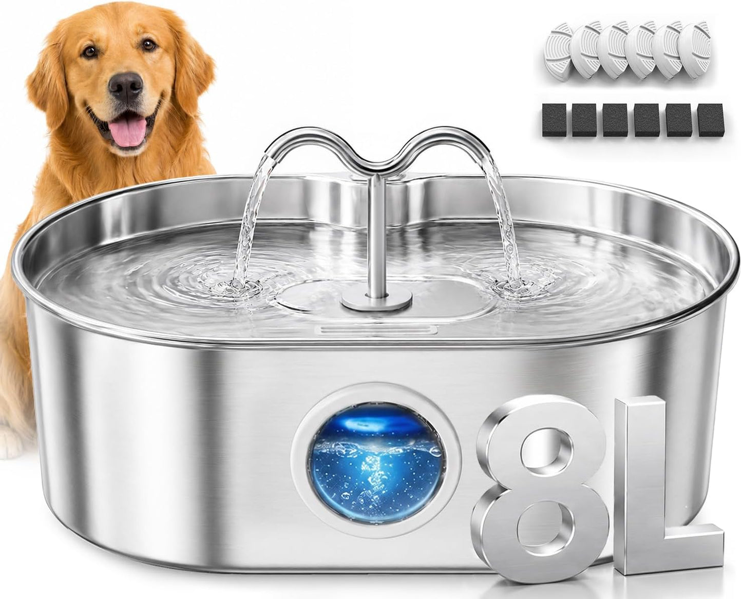 Dog Water Fountain, 270 oz / 2 Gallon / 8 L Stainless Steel Water Fountain for Indoor Multi-Pet Homes, Automatic Water Dispenser for Dogs & Cats, 3 Filters & Sponges Included - Image 10