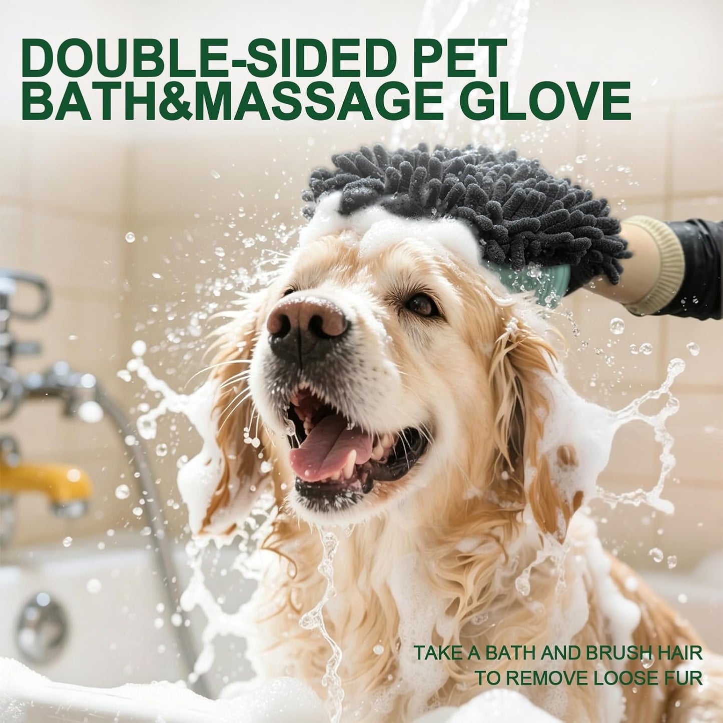 Hand wearing Histotree green pet grooming glove for massage