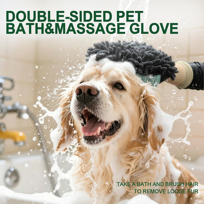Hand wearing Histotree green pet grooming glove for massage