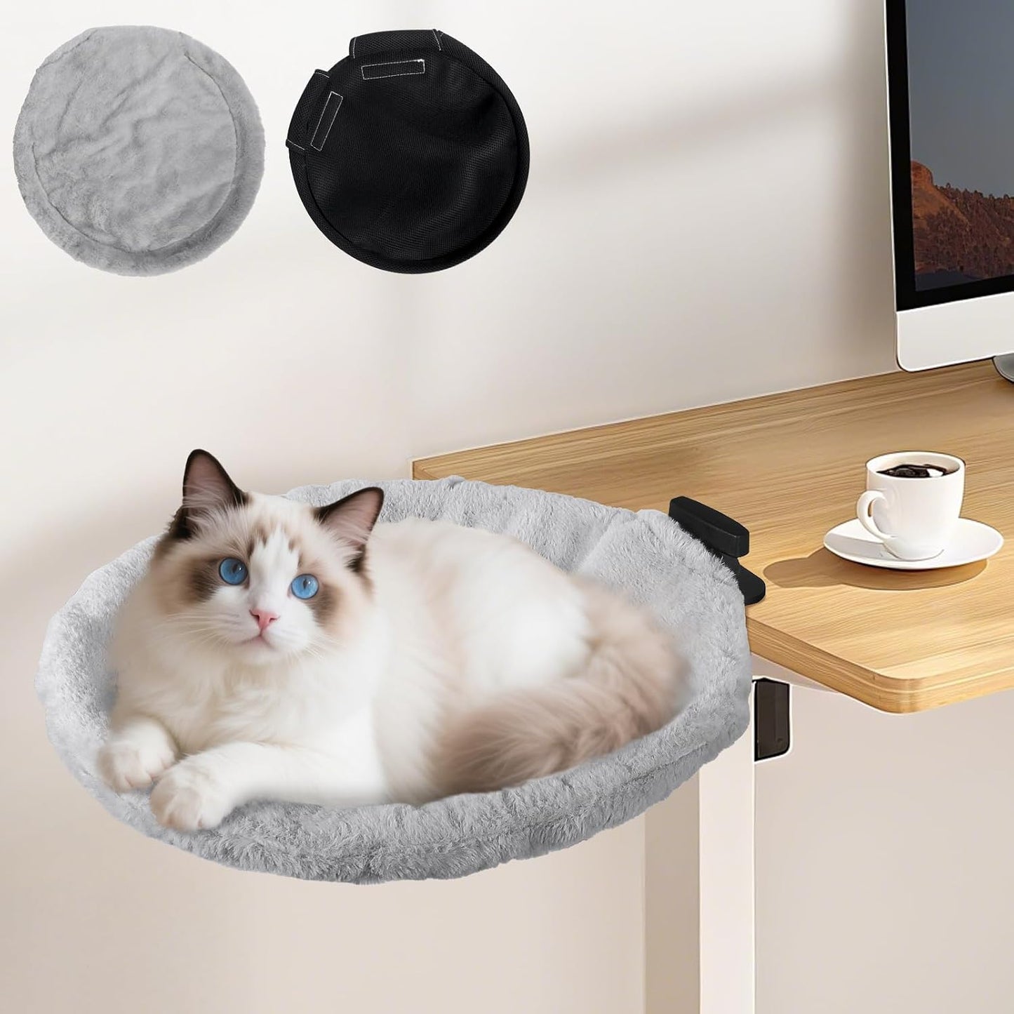 Cat Desk Bed - Sturdy Cat Bed for Desk with 360 degrees Rotating & Adjustable Height, Elevated Cats Nest Perch for Desk, Grey - Image 10