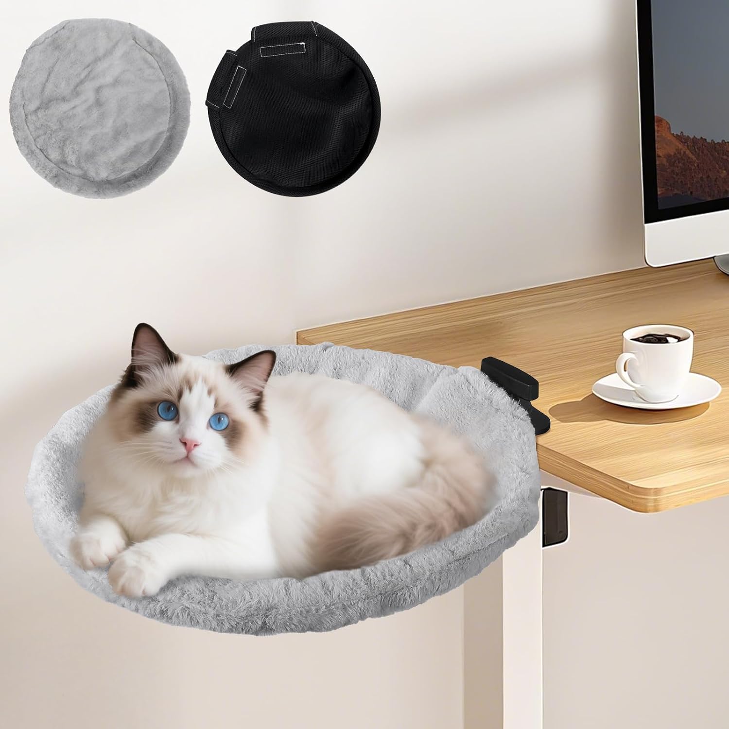 Cat Desk Bed - Sturdy Cat Bed for Desk with 360 degrees Rotating & Adjustable Height, Elevated Cats Nest Perch for Desk, Grey - Image 10