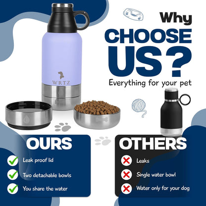 Wrtz insulated pet travel bottle with two detachable bowls unattached at the base.
