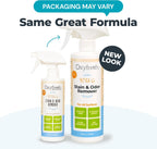 Oxyfresh carpet cleaner spray neutralizing tough cat pee stains on living room rug.