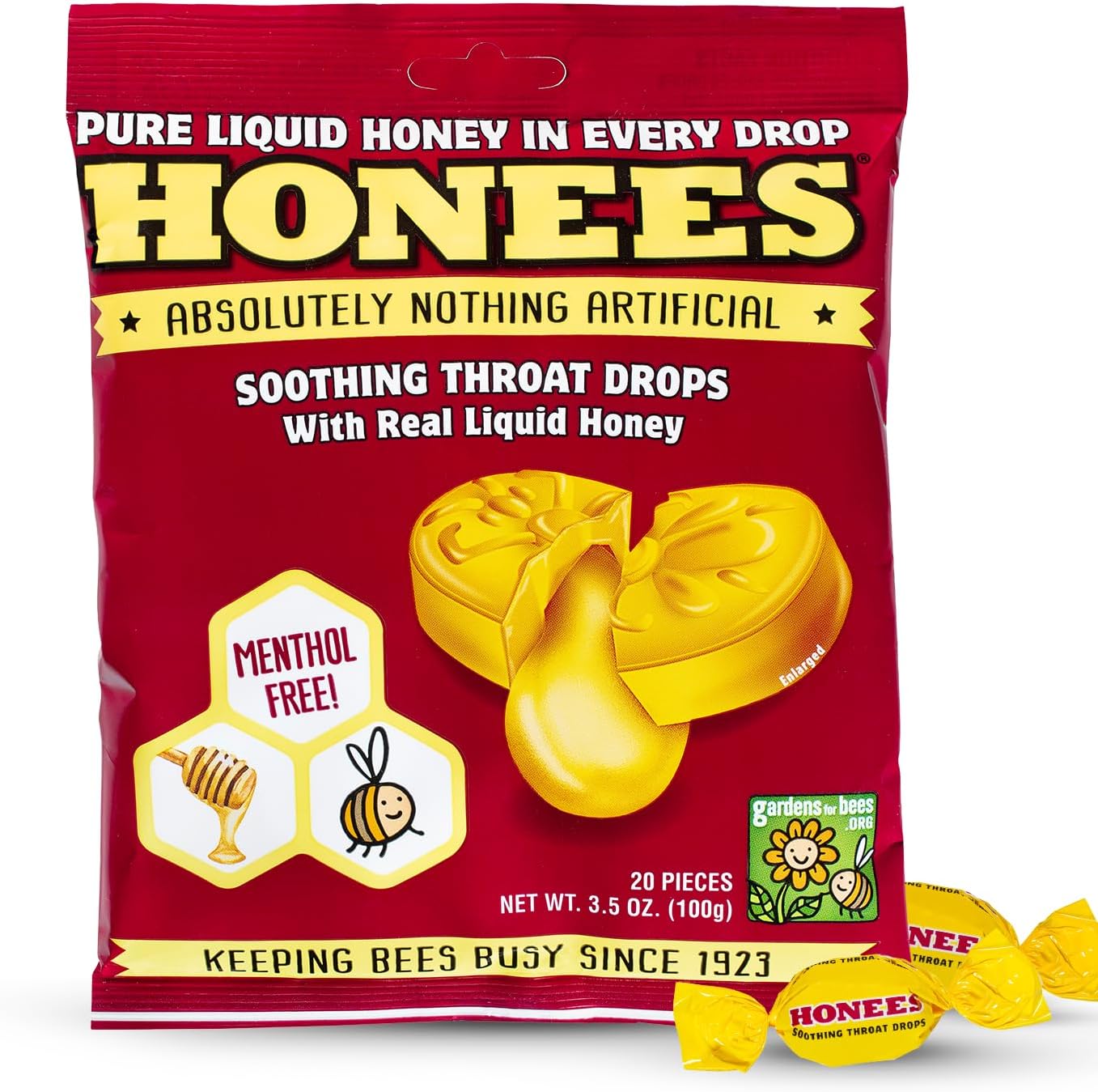 Honees Honey Filled Drops front packaging view showing 20 sore throat relief lozenges.