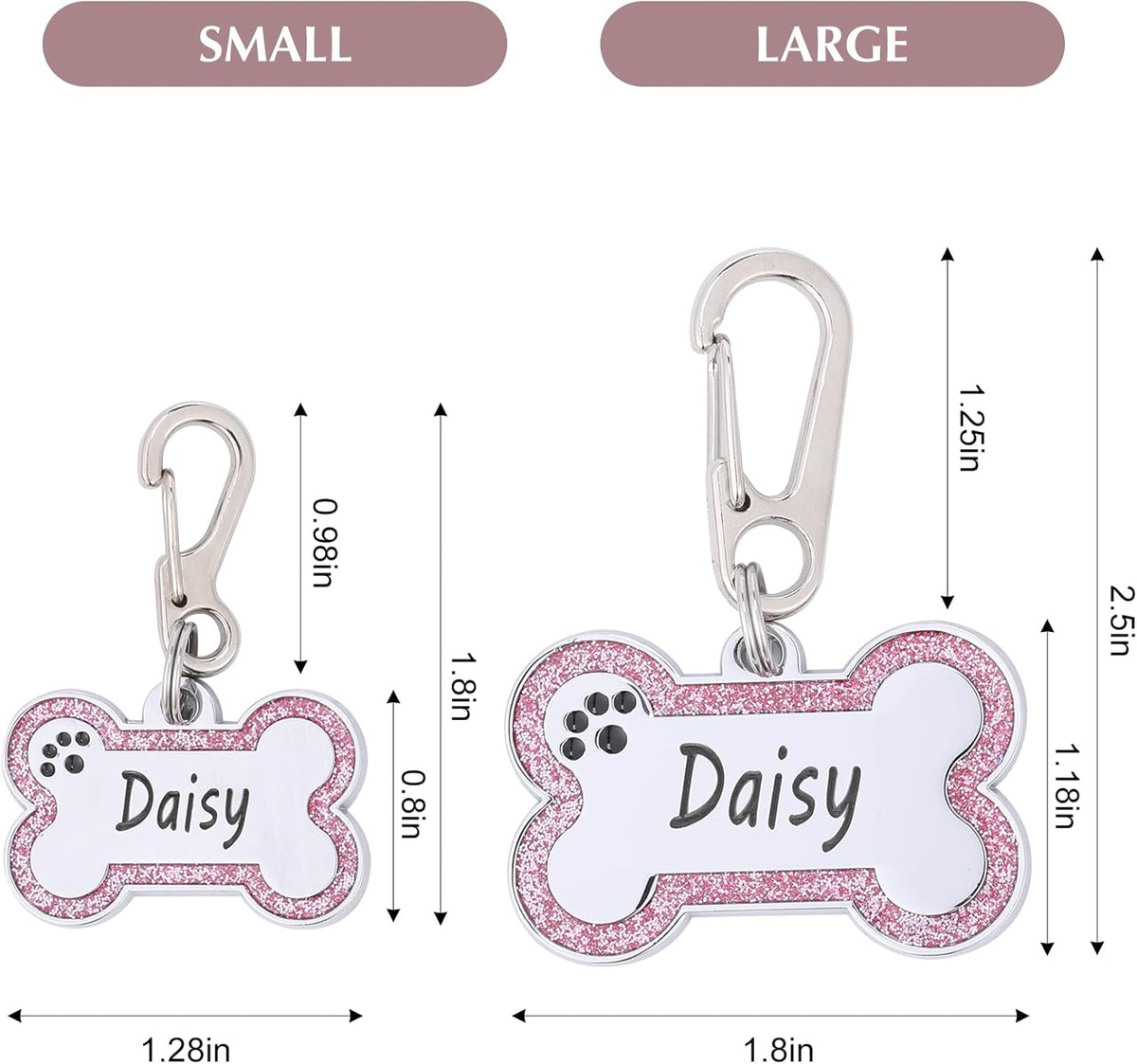 Heavy duty stainless steel clip attached to pink glitter pet tag