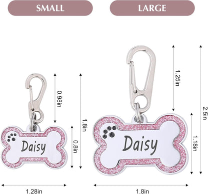 Heavy duty stainless steel clip attached to pink glitter pet tag