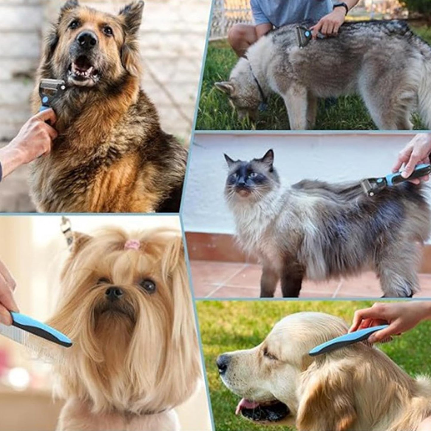 Blue and black ergonomic handle of Vivanchor pet deshedding tool