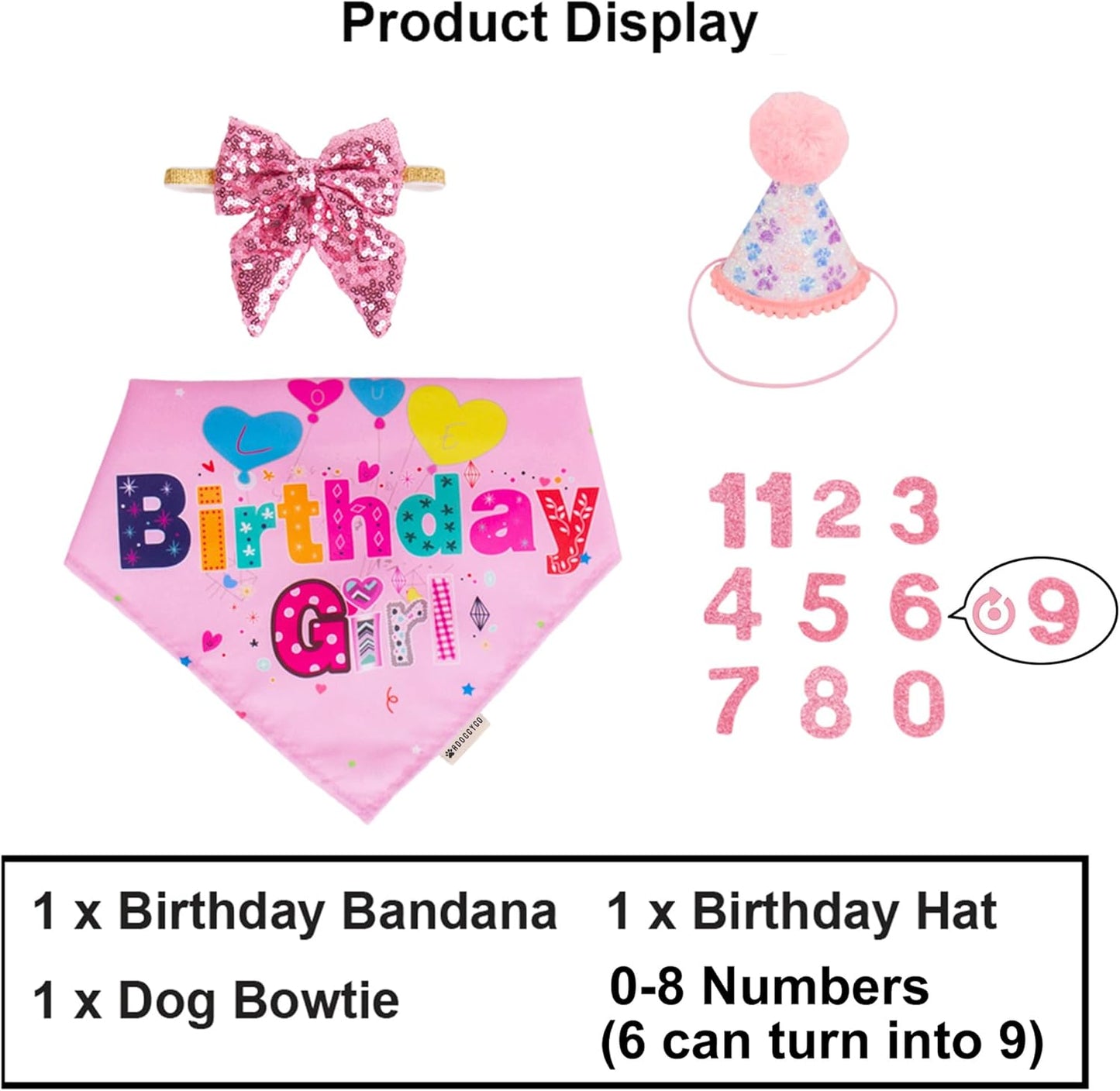 ADOGGYGO glittery pink dog party hat with customizable age numbers