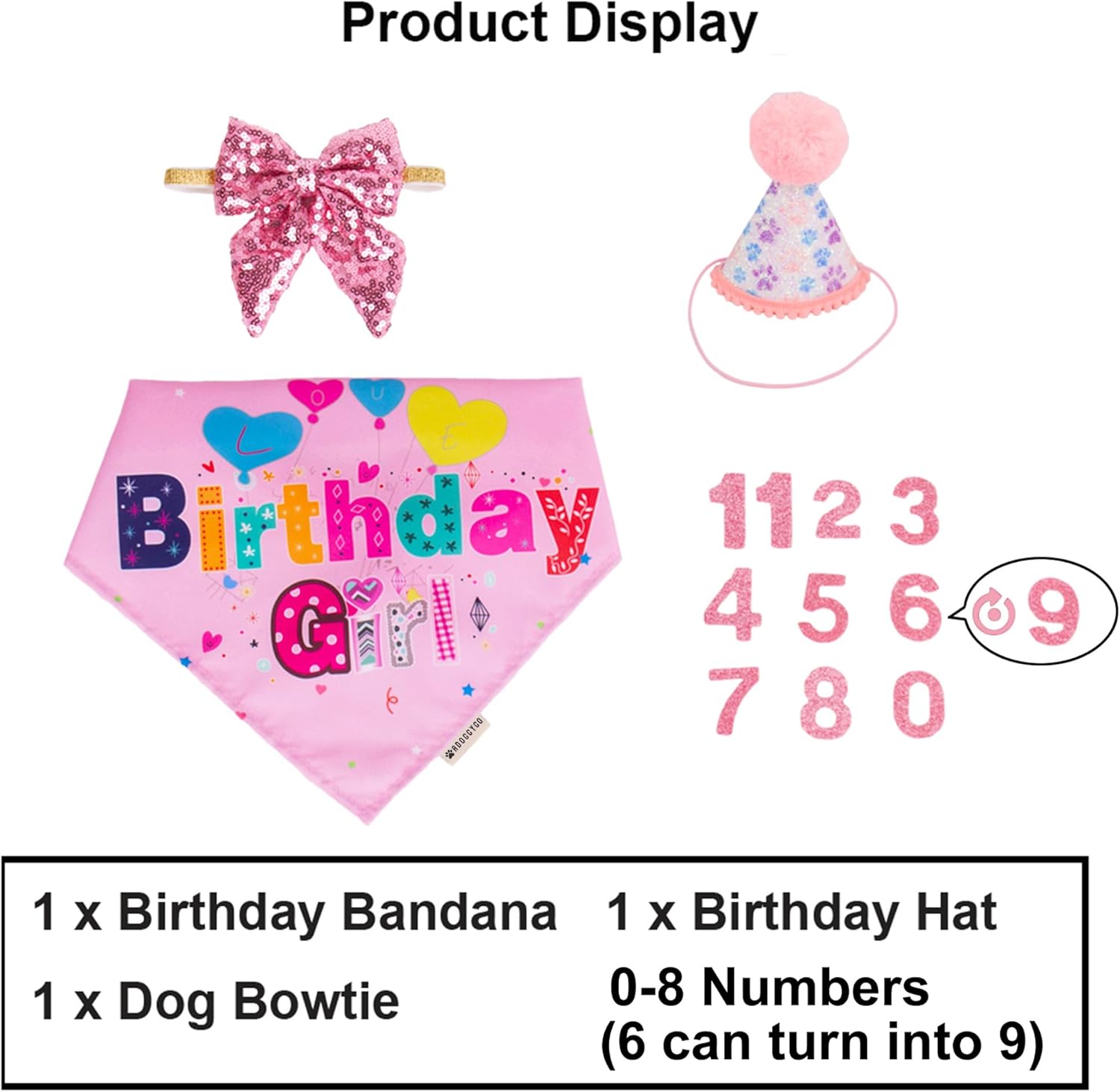 ADOGGYGO glittery pink dog party hat with customizable age numbers