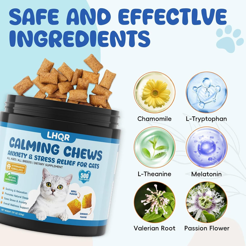 Premium melatonin and ashwagandha natural cat treats label showing key ingredients