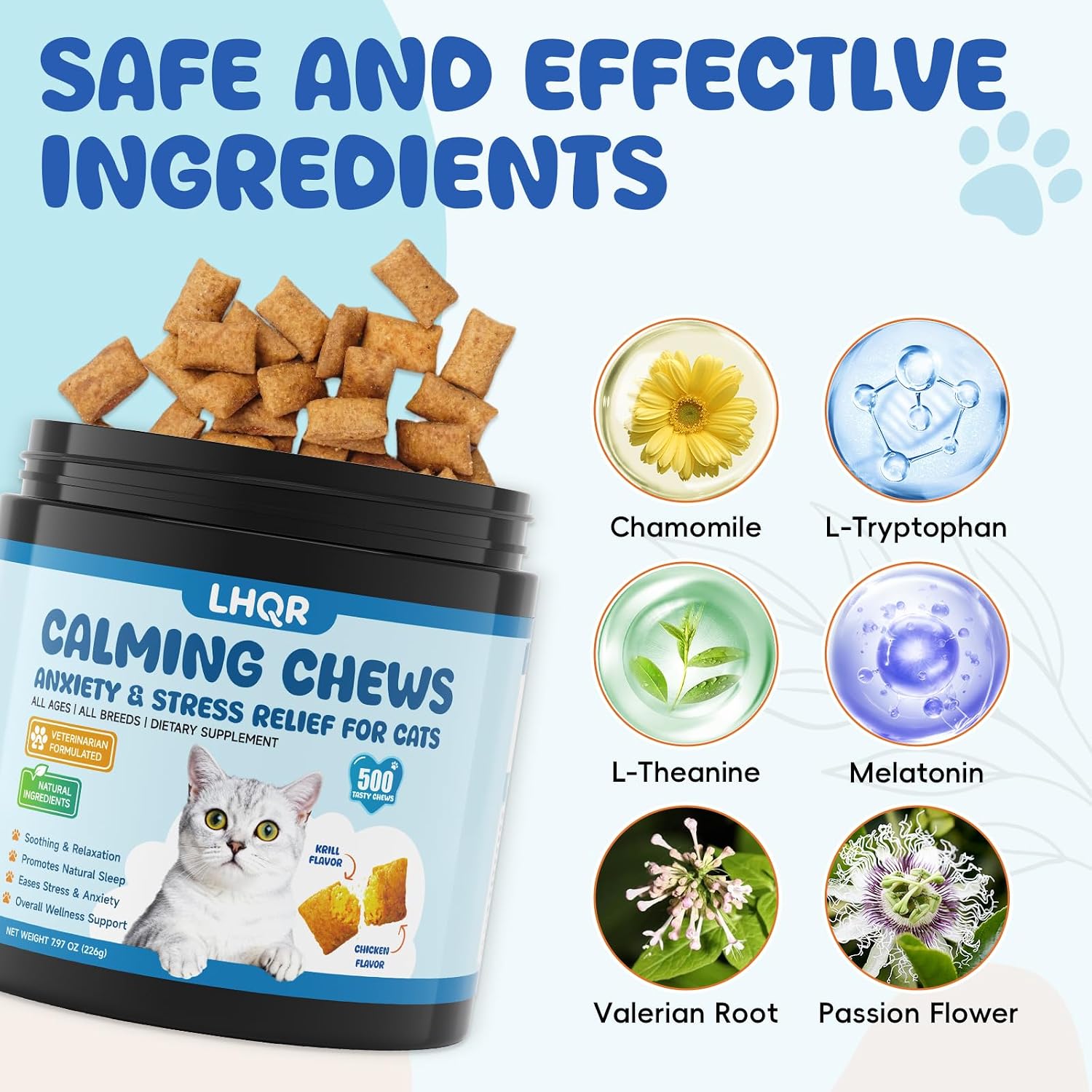 Premium melatonin and ashwagandha natural cat treats label showing key ingredients