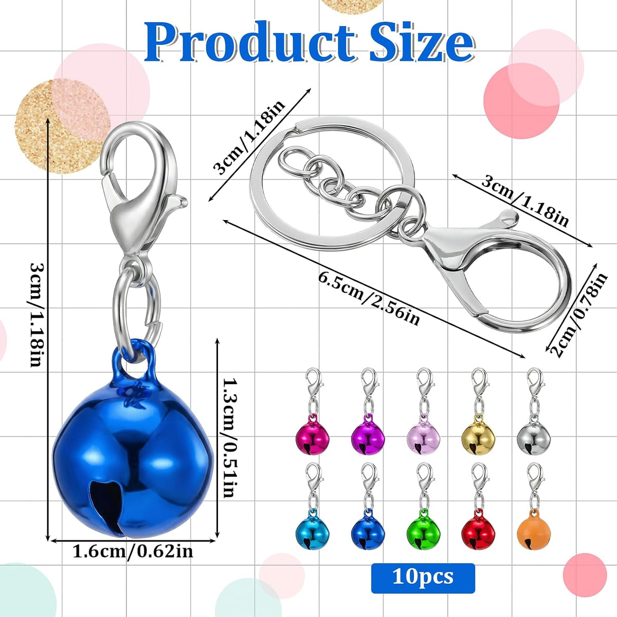 Vibrant multicolor pet jingle bells with attached metallic split rings for easy collar fastening.