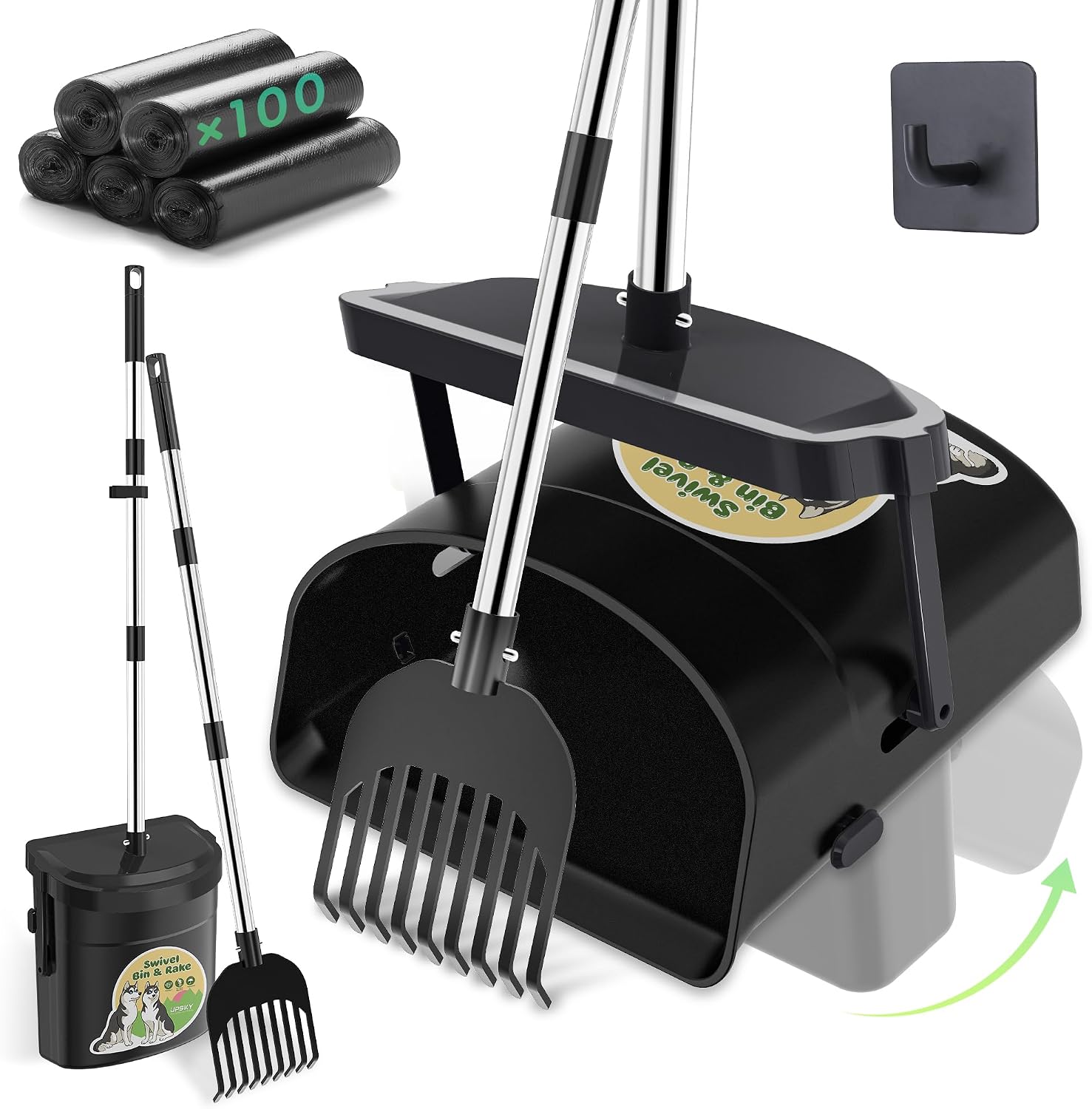 UPSKY Dog Pooper Scooper Swivel Bin & Rake Kit with 100 Waste Bags,33.4" Stainless Steel Long Handle Heavy Duty Pet Poop Shovel for Large Medium Small Dogs, Odor-Proof Lid for Yard/Lawn/Outdoor Use - Image 9