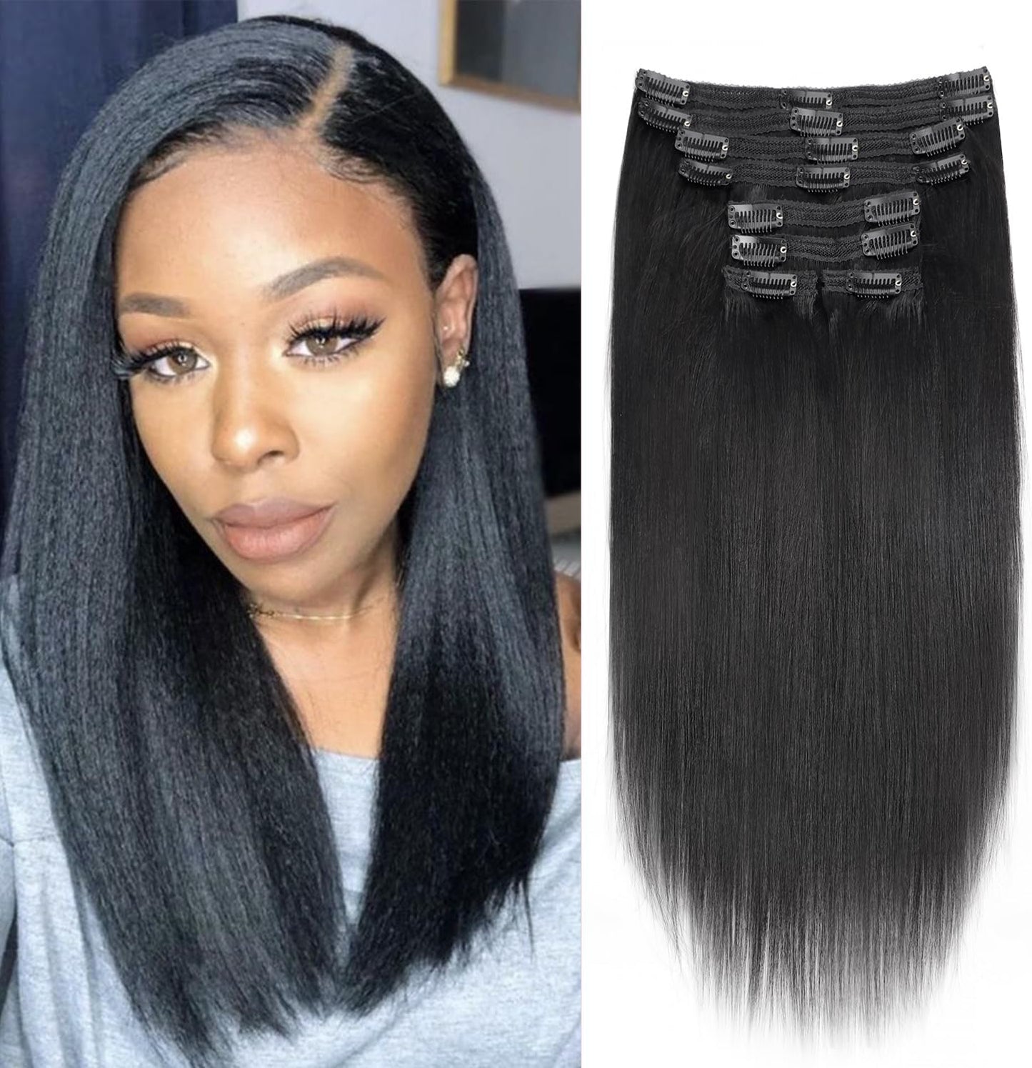 Mihugass 12 inch yaki straight clip in human hair extensions front view showcasing natural black color.