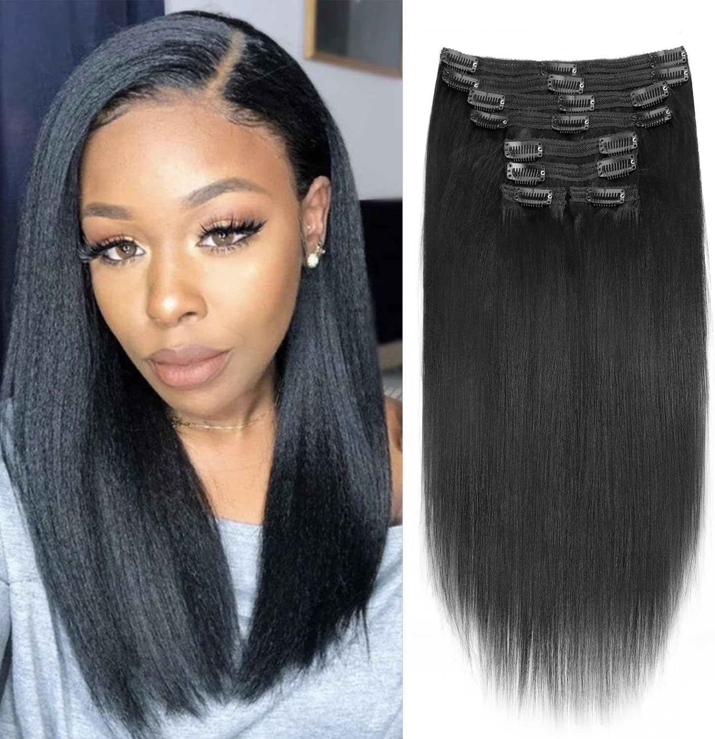 Mihugass 12 inch yaki straight clip in human hair extensions front view showcasing natural black color.