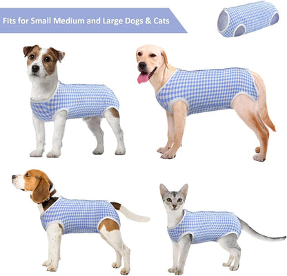 Kuoser plaid pet recovery shirt demonstrating the underbelly protection for abdominal wounds.