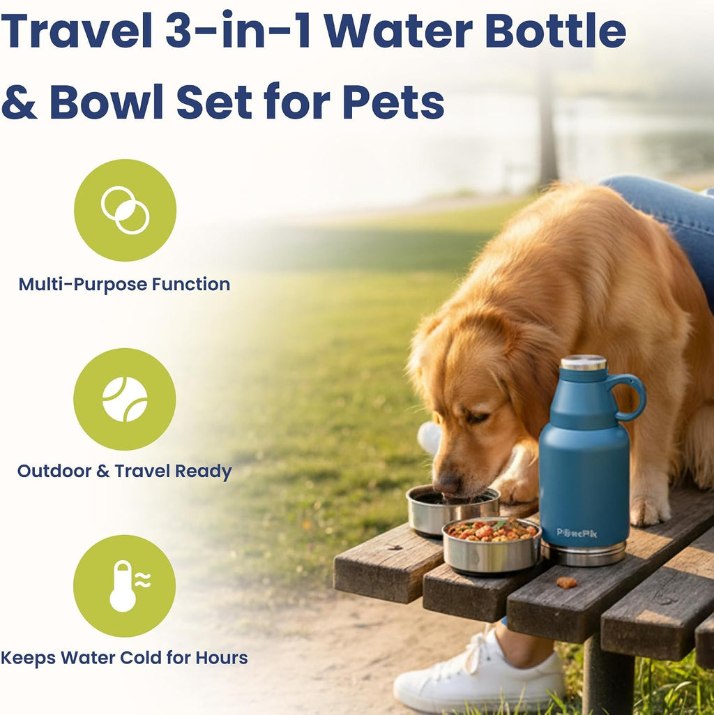 PawsPik vacuum insulated stainless steel pet thermos with detachable bowls unscrewed