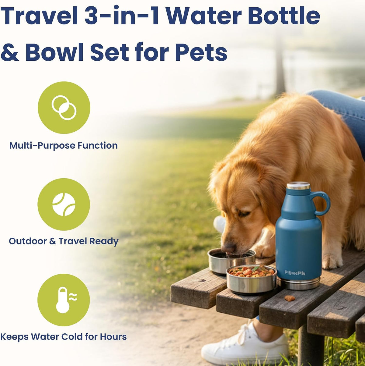 PawsPik vacuum insulated stainless steel pet thermos with detachable bowls unscrewed