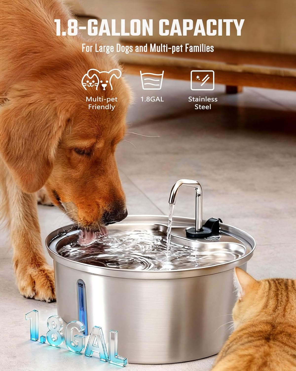 Dog Water Fountain Stainless Steel, 7L/1.8Gal Pet Fountain Water Bowl with Multi-Filtration & Deeper Drinking Aera, Large cat Water Fountain with Water Window & LED, Ultra-Quiet - Image 8