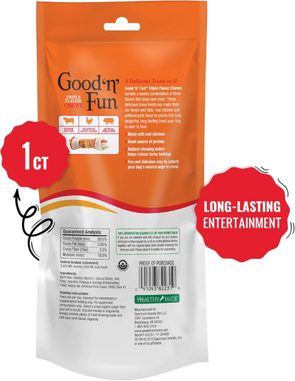 Good n Fun dog chew bone showing chicken jerky wrap close up