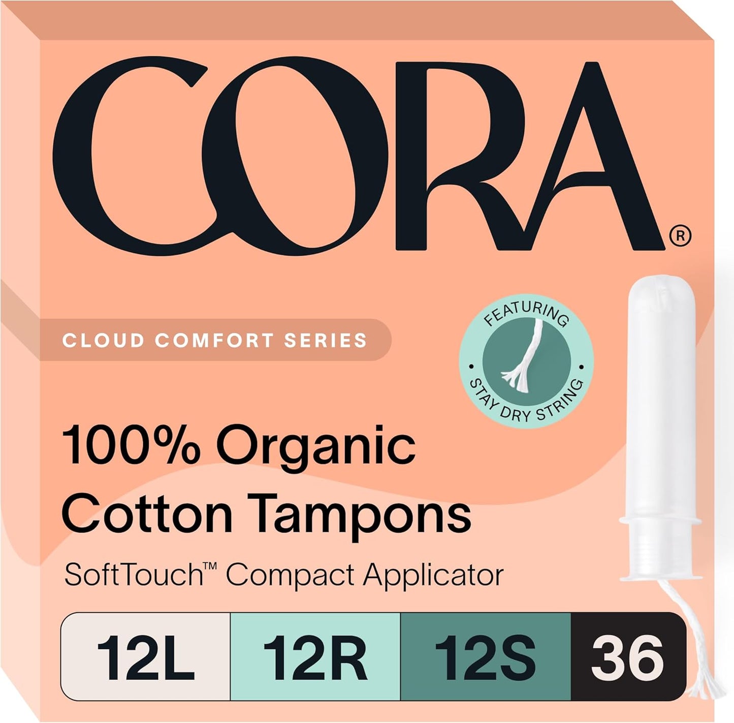 Cora Organic Cotton Tampons Multipack front view showing 36 count variety pack