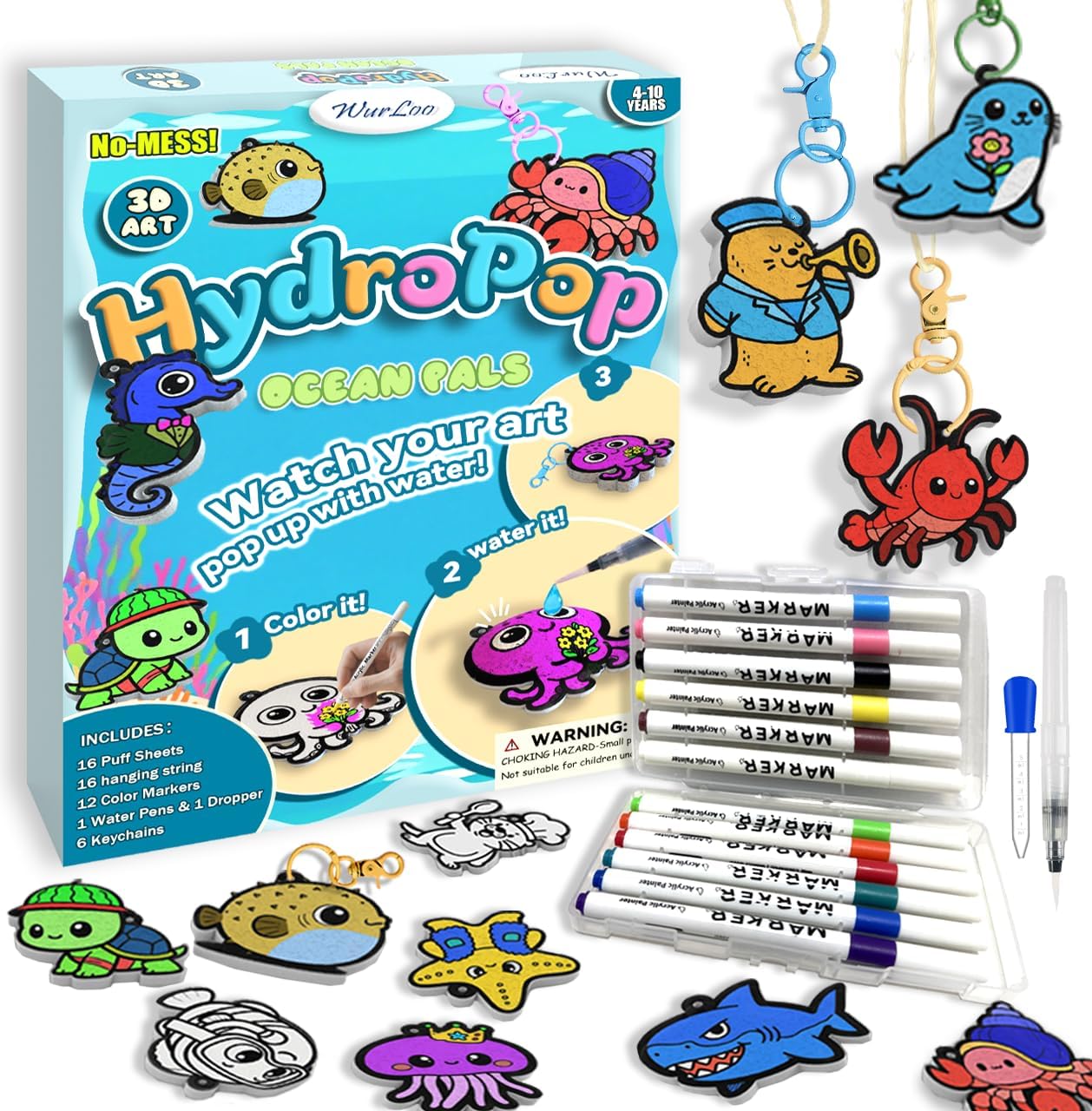 WurLoo 3D Art Kit Aqua Puffs Ocean Panel packaging box front view showing 3D foam painting activity.