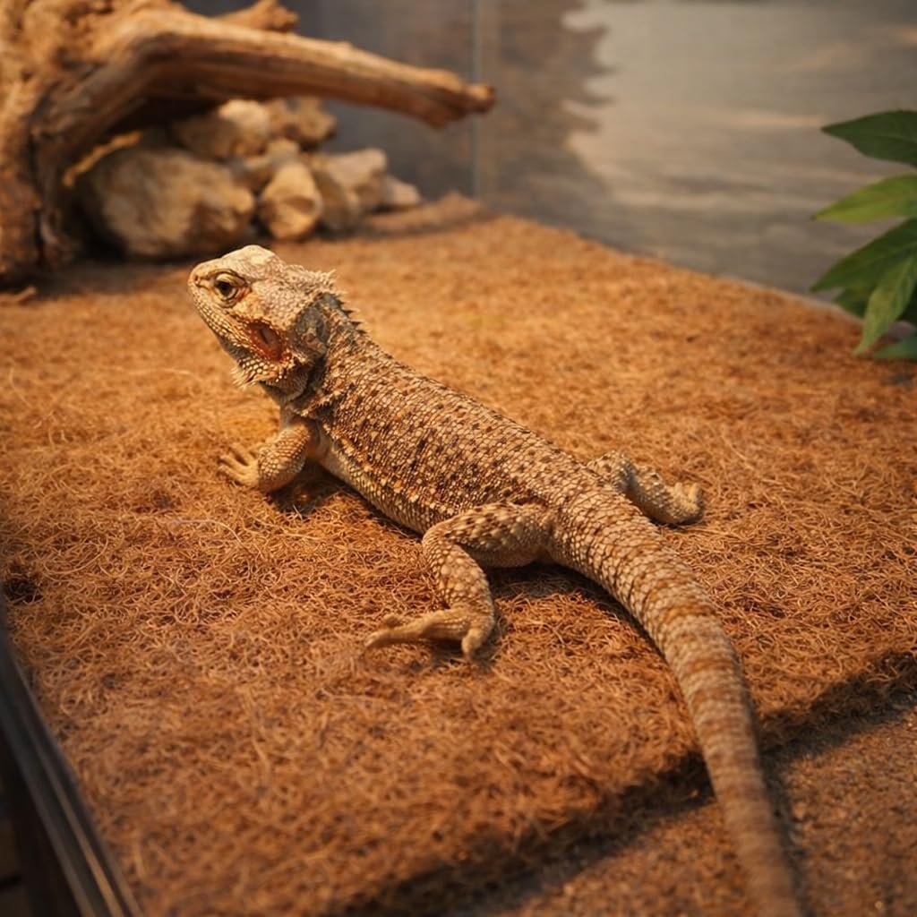 Twelve by twelve inch organic reptile carpet liner being trimmed to fit a small pet enclosure