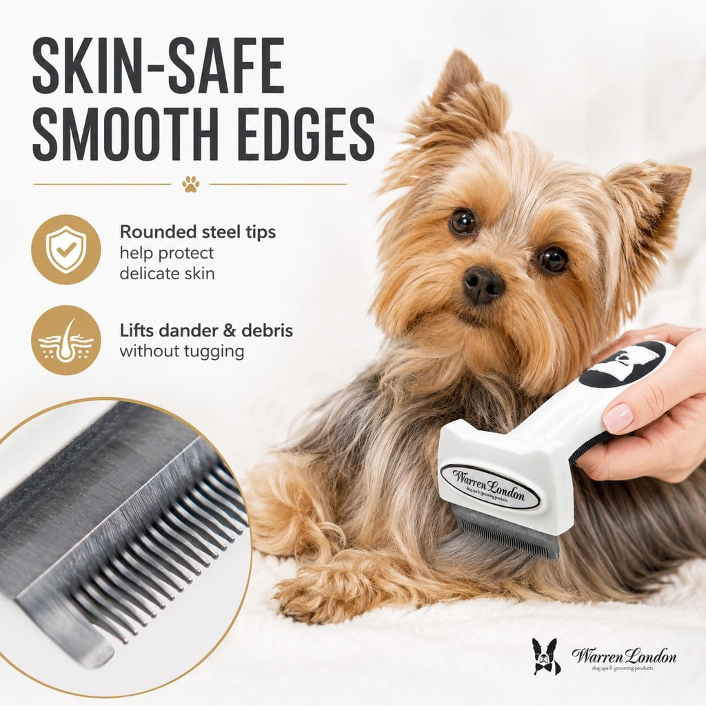 Warren London short hair undercoat brush showing 1.75 inch stainless steel blade.