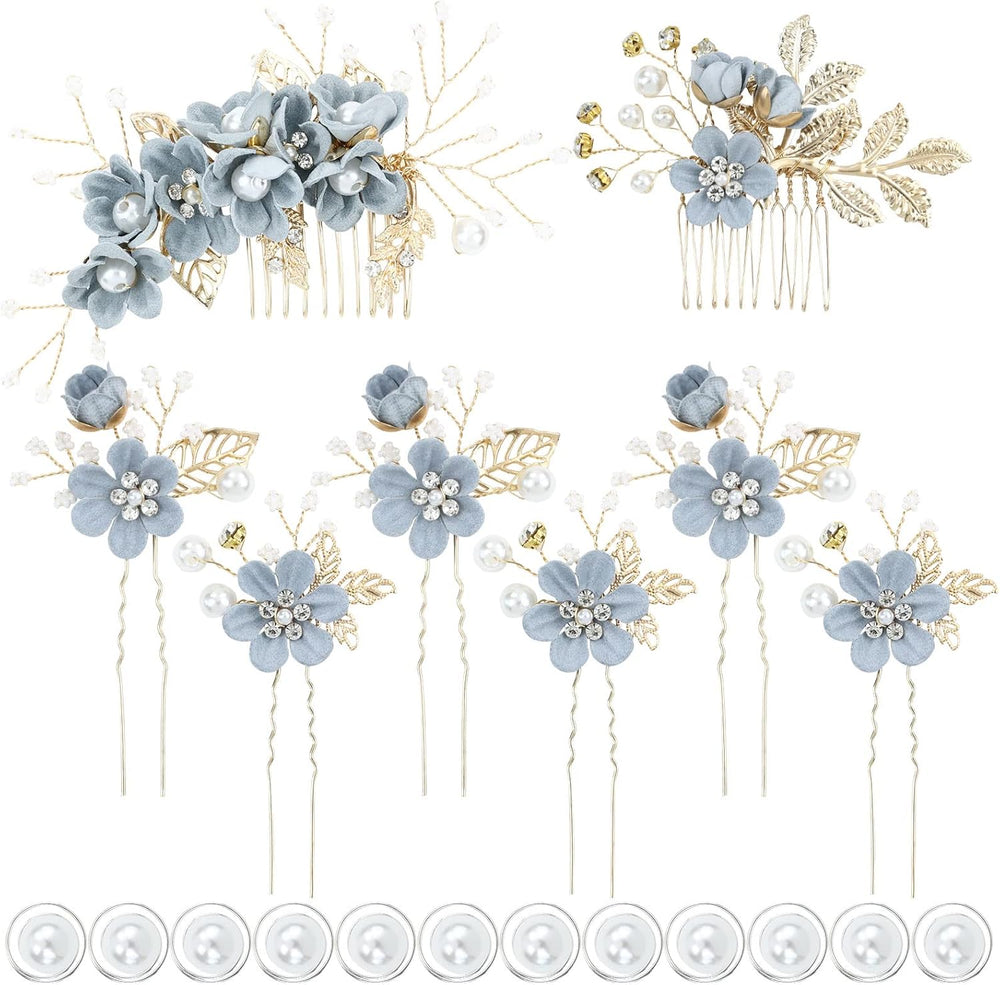 InSowni dusty blue bridal hair accessory set front view showing all 20 pieces