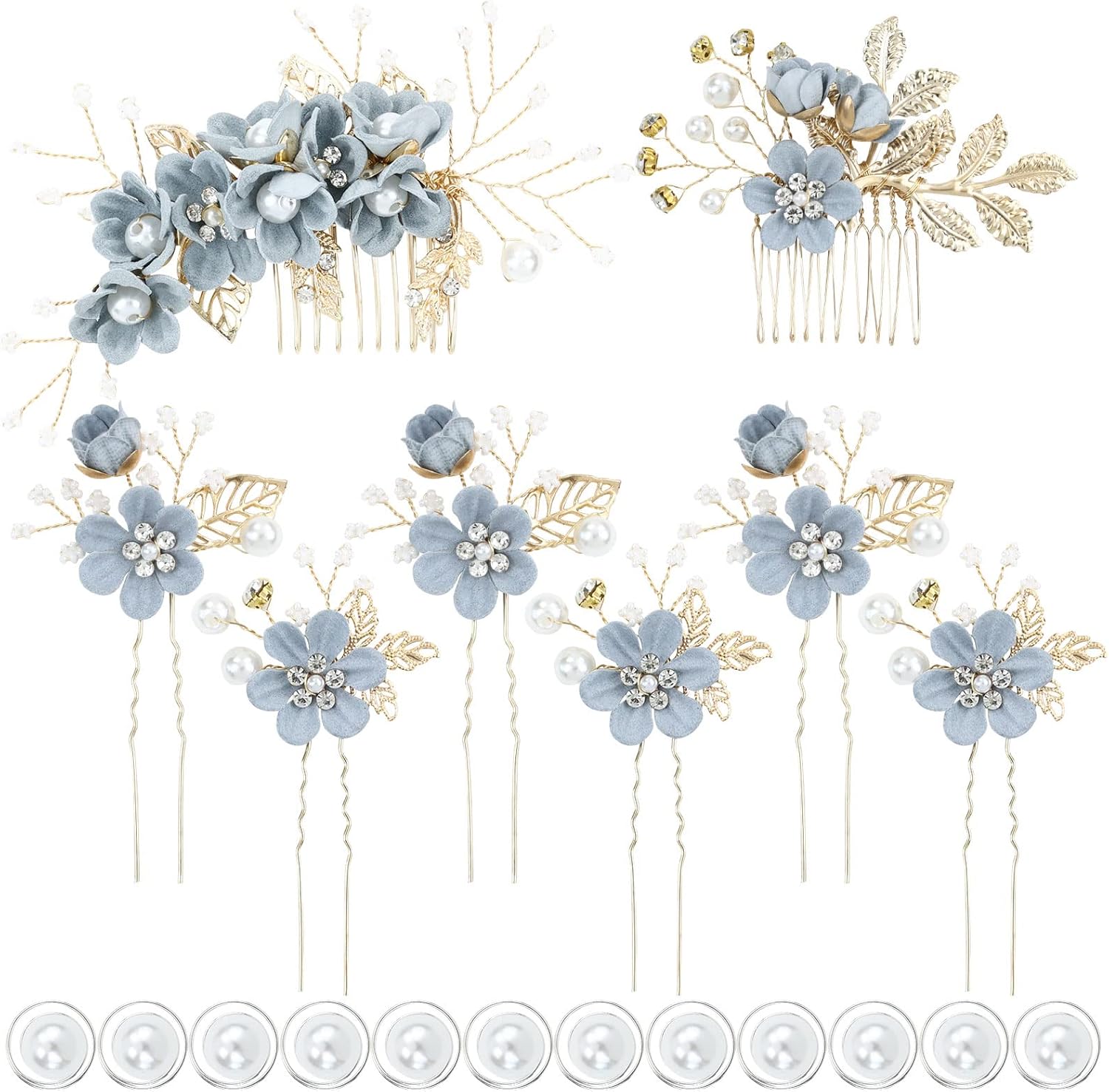 inSowni dusty blue flower bridal hair accessories set front view