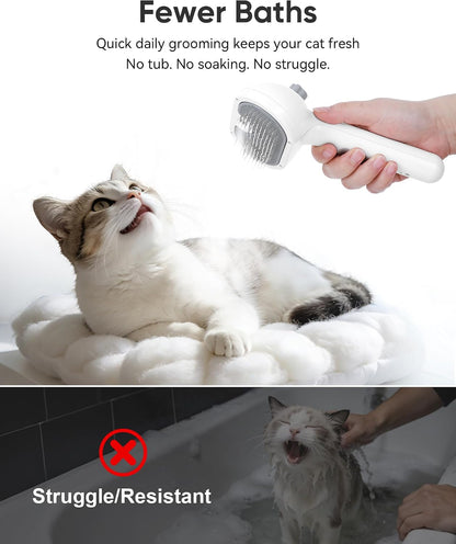 Demonstration of one-click hair release button on pet brush