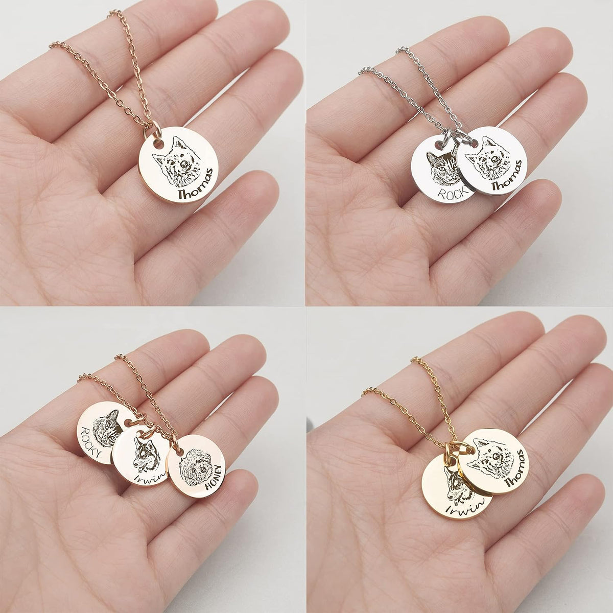 Anavia multiple disc personalized dog mom necklace featuring two custom engraved pet portraits side by side