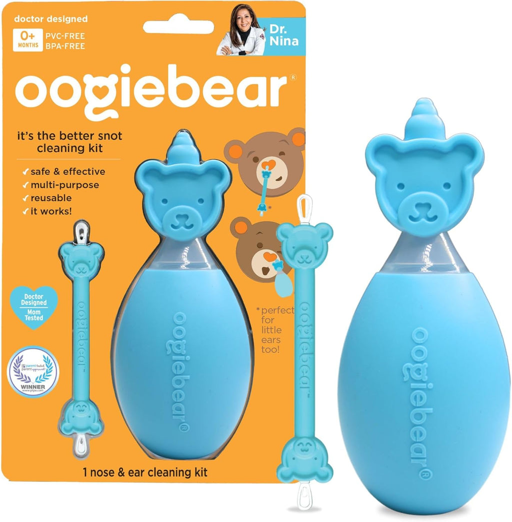 Oogiebear Bear Pair blue baby nasal aspirator and booger picker front view
