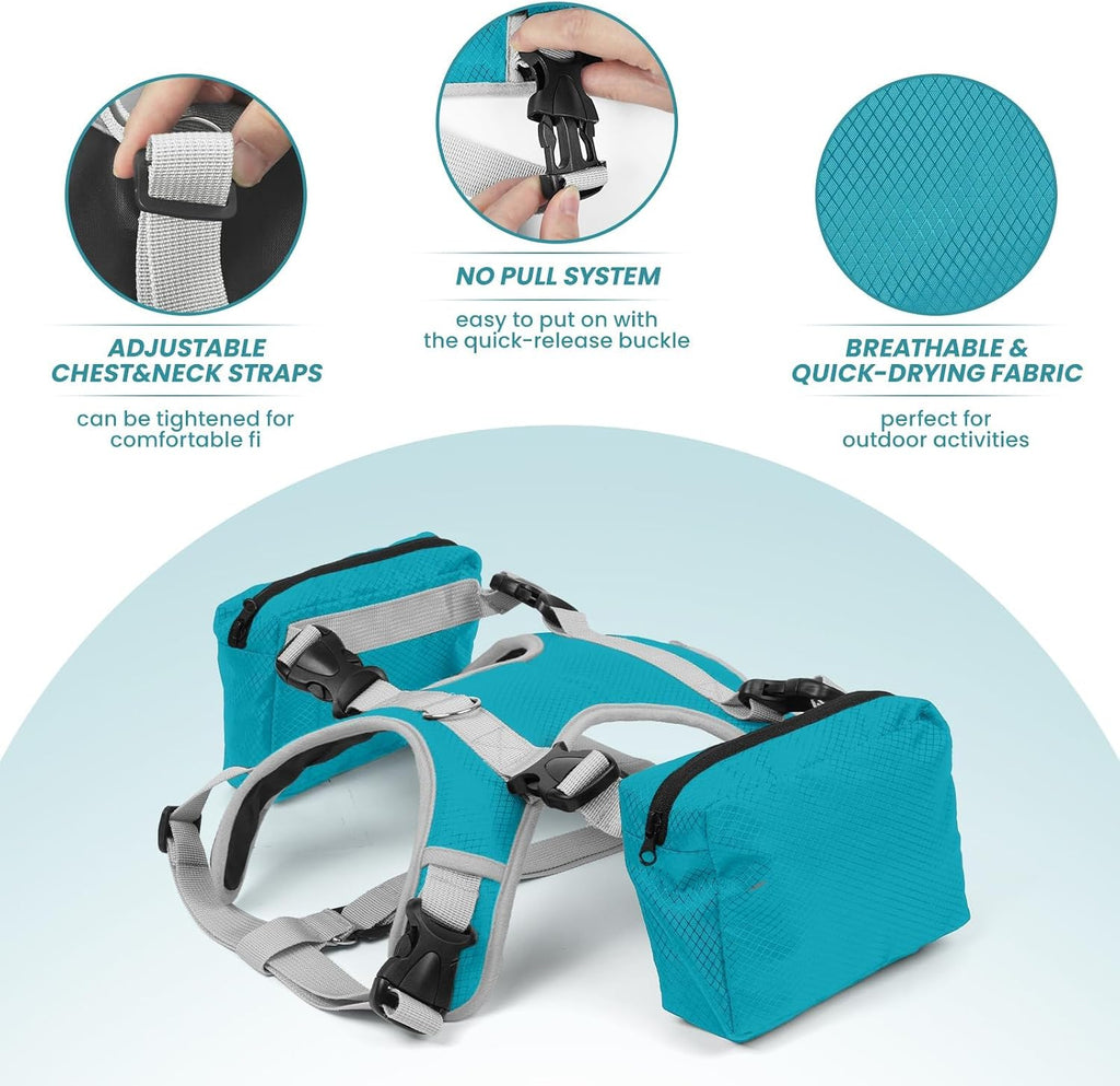 Dora Bridal blue dog hiking vest illustrating adjustable front and chest straps