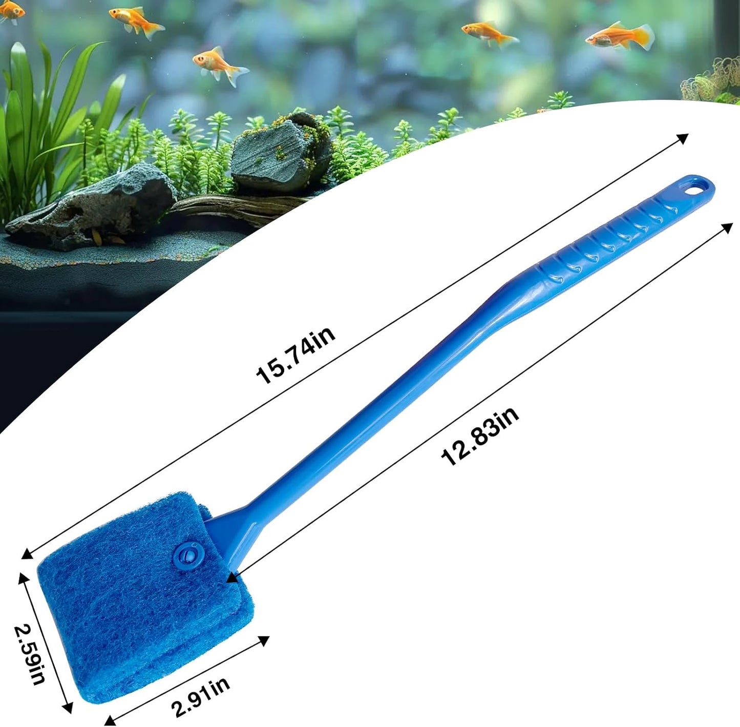 Full fifteen inch long aquarium scraper brush laid flat on a white background.