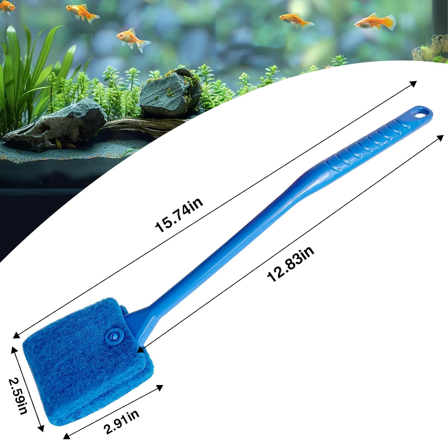 Full fifteen inch long aquarium scraper brush laid flat on a white background.