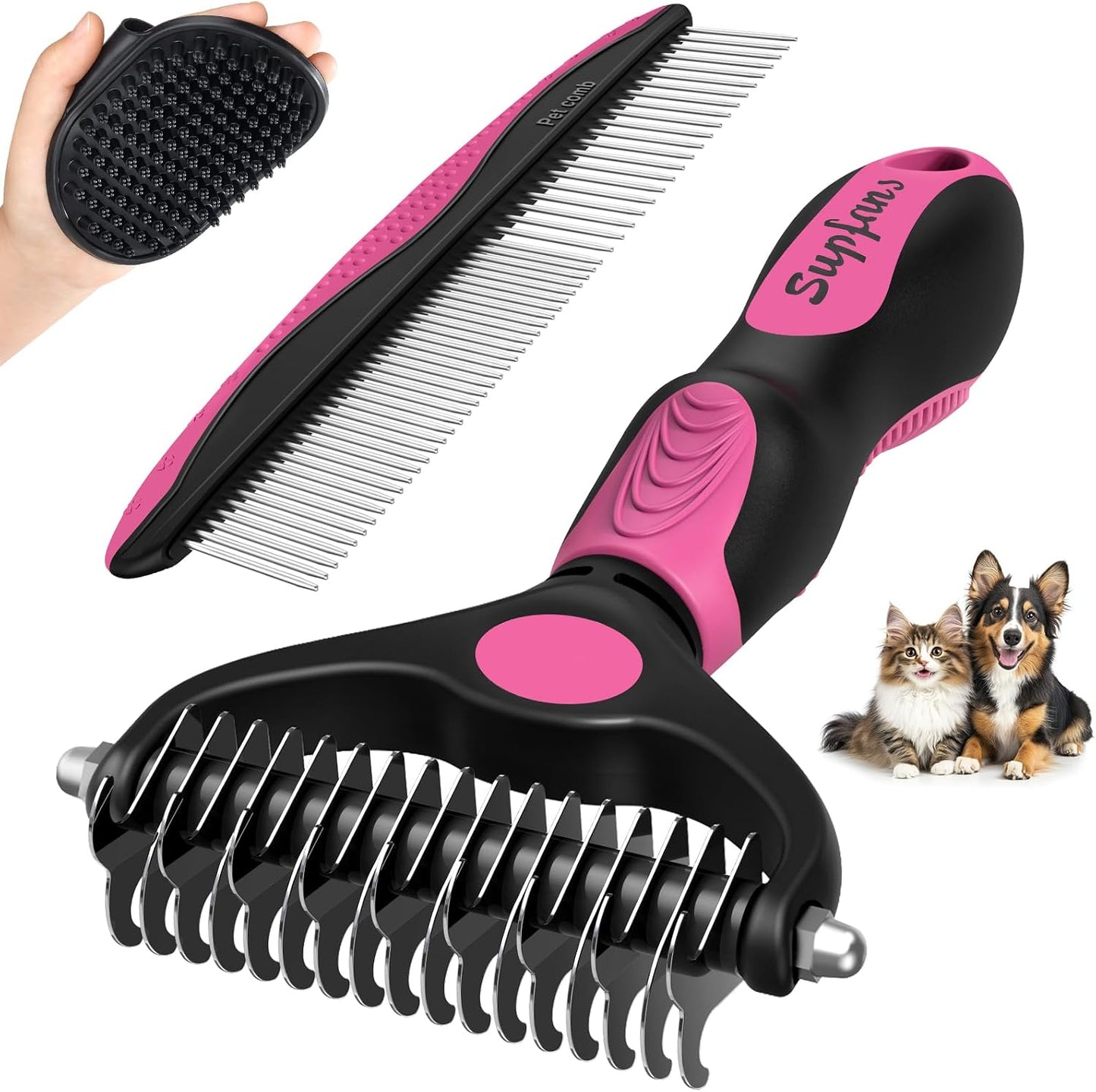 UGNEL pet grooming kit front view showing pink and black deshedding rake.