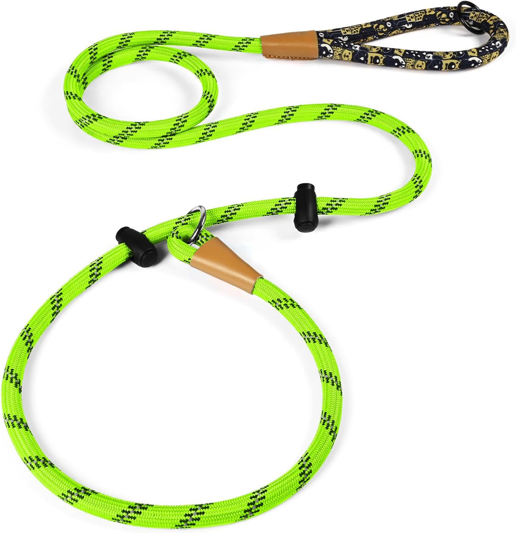 Lynxking Slip Lead Dog Leash front view showing the light green reflective rope and padded handle.