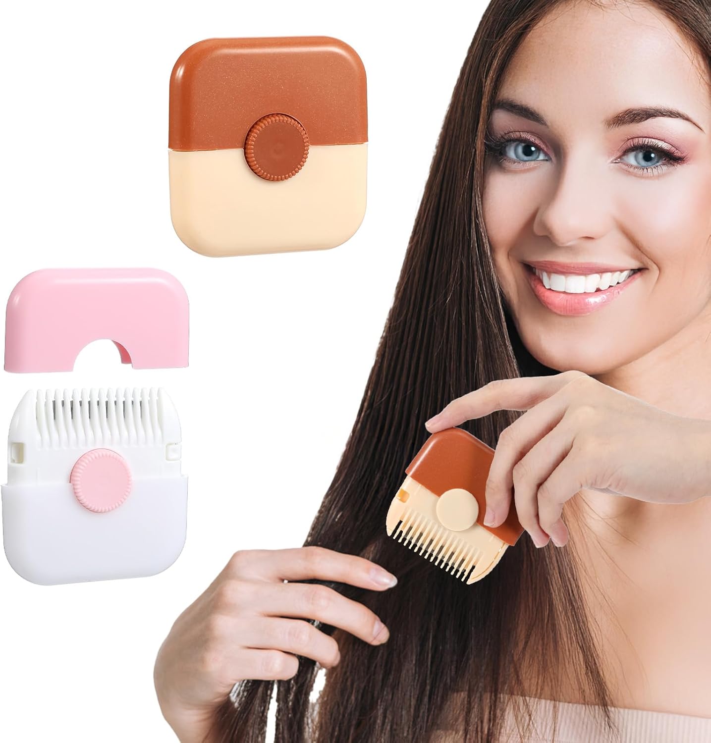 Cozevdnt 2 in 1 split end hair trimmer front view showing pink and orange manual razor combs