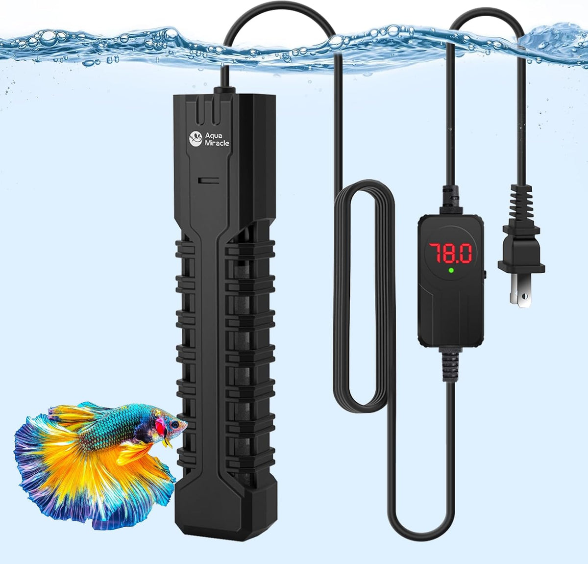AquaMiracle 300W submersible aquarium heater front view with digital display