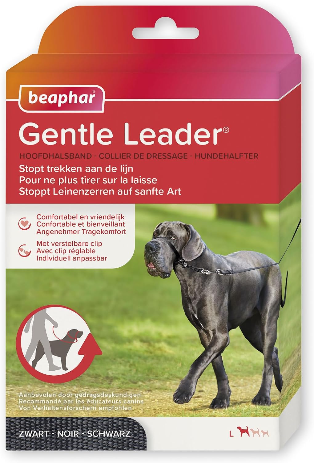 Beaphar Gentle Leader large dog head collar black front view packaging