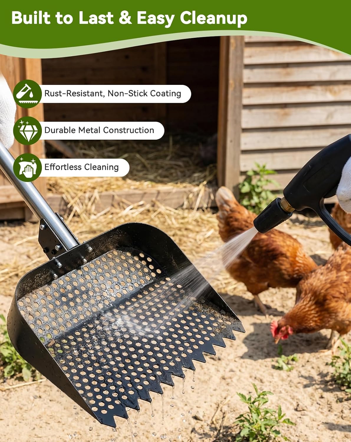 PawGiant rustproof metal chicken coop rake being washed clean effortlessly with a regular outdoor garden hose