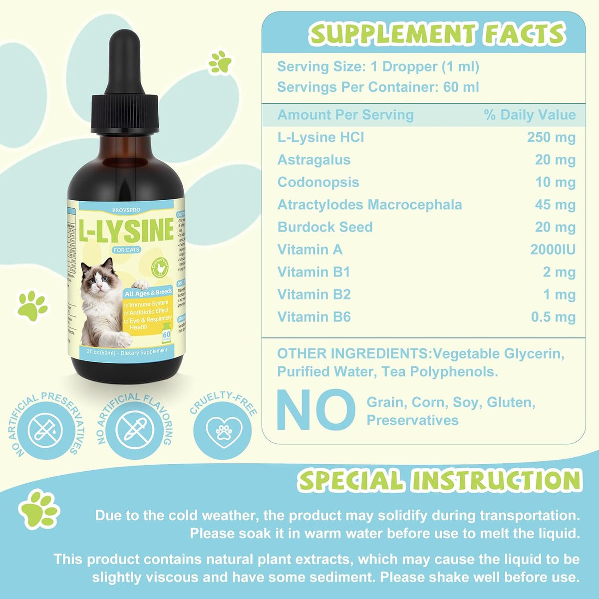 L-Lysine for Cats Liquid Drops, Lysine for Immune Respiratory Wellness, Support Eye Health Sneezing Runny Nose Supplement for Feline, Natural Cat Antibiotic Drops Roast Chicken Flavor 60ML - Image 9