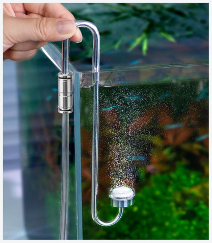 Clscea aquarium stainless steel CO2 diffuser front view hanging on a rimless fish tank edge.